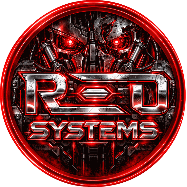 Logo RED Systems: robô metálico e letras cromadas em um aro vermelho